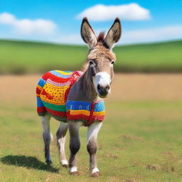 A cute donkey standing in a field, wearing a colorful garment