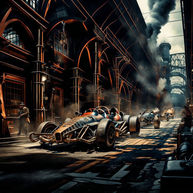 McLaren cars in a Gaspunk universe, transformed into gas-powered machines with rugged metal plating and exposed components, racing through an industrial cityscape