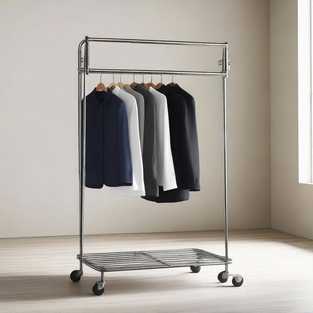 A detailed image of a small mobile furniture piece with wheels designed for hanging hangers