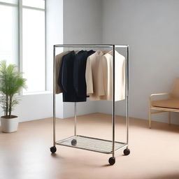 A detailed image of a small mobile furniture piece with wheels designed for hanging hangers