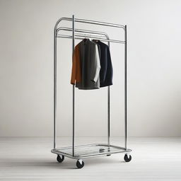 A detailed image of a small mobile furniture piece with wheels designed for hanging hangers