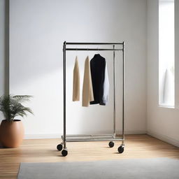 A detailed image of a small mobile furniture piece with wheels designed for hanging hangers