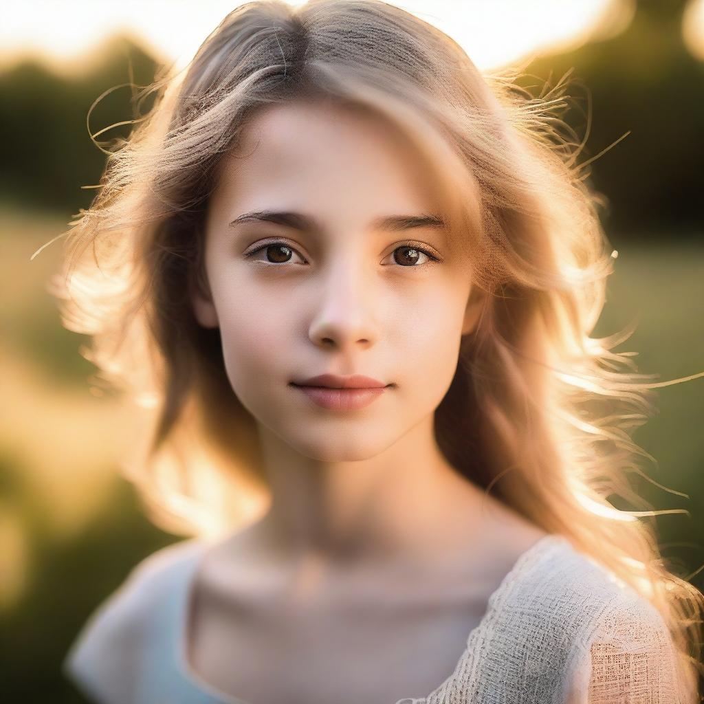 A portrait of a girl in soft light, with backlighting from the setting sun on a summer evening