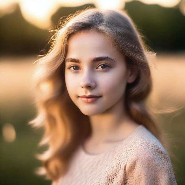 A portrait of a girl in soft light, with backlighting from the setting sun on a summer evening