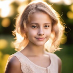 A portrait of a girl in soft light, with backlighting from the setting sun on a summer evening