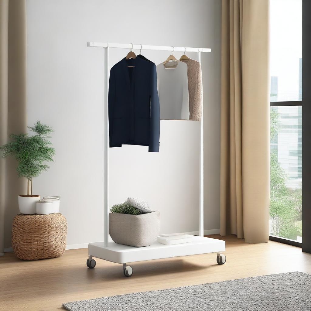 A detailed image of a small mobile furniture piece with wheels designed for hanging hangers, featuring an integrated table