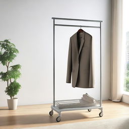 A detailed image of a small mobile furniture piece with wheels designed for hanging hangers, featuring an integrated table