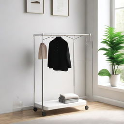 A detailed image of a small mobile furniture piece with wheels designed for hanging hangers, featuring an integrated table