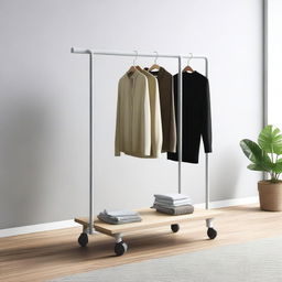 A detailed image of a small mobile furniture piece with wheels designed for hanging hangers, featuring an integrated table