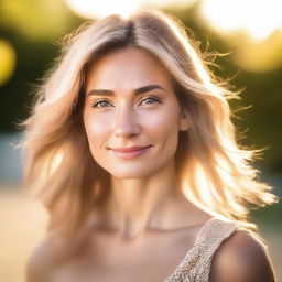 A portrait of a pretty woman in soft light, with backlighting from the setting sun on a summer evening