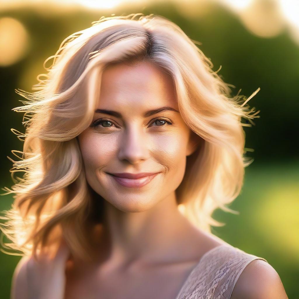 A portrait of a pretty woman in soft light, with backlighting from the setting sun on a summer evening