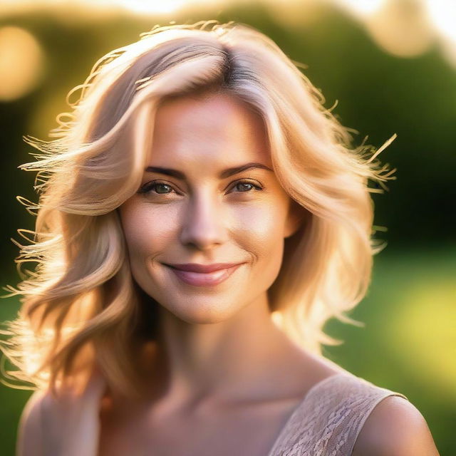 A portrait of a pretty woman in soft light, with backlighting from the setting sun on a summer evening