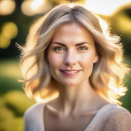 A portrait of a pretty woman in soft light, with backlighting from the setting sun on a summer evening