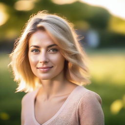 A portrait of a pretty woman in soft light, with backlighting from the setting sun on a summer evening