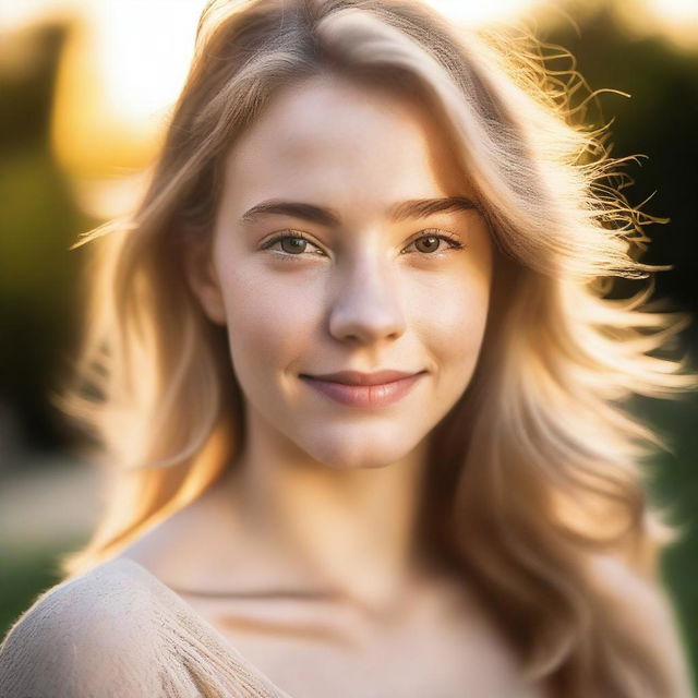 A portrait of a pretty 22-year-old woman in soft light, with backlighting from the setting sun on a summer evening