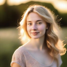 A portrait of a pretty 22-year-old woman in soft light, with backlighting from the setting sun on a summer evening