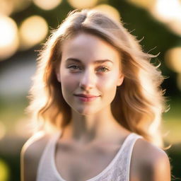 A portrait of a pretty 22-year-old woman in soft light, with backlighting from the setting sun on a summer evening