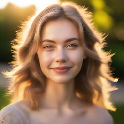 A portrait of a pretty 22-year-old woman in soft light, with backlighting from the setting sun on a summer evening