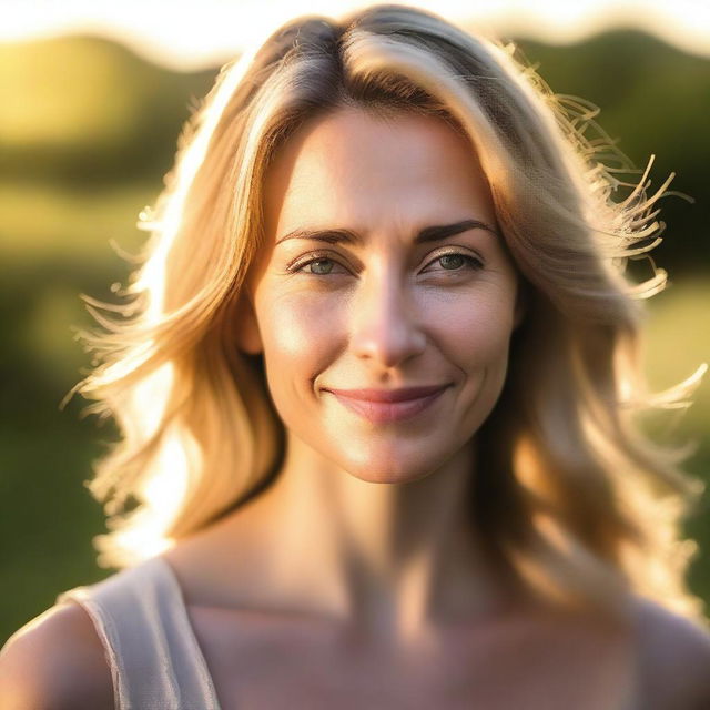 A portrait of a pretty 30-year-old woman in soft light, with backlighting from the setting sun on a summer evening