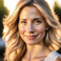 A portrait of a pretty 30-year-old woman in soft light, with backlighting from the setting sun on a summer evening