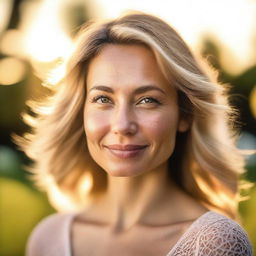 A portrait of a pretty 30-year-old woman in soft light, with backlighting from the setting sun on a summer evening