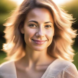 A portrait of a pretty 30-year-old woman in soft light, with backlighting from the setting sun on a summer evening