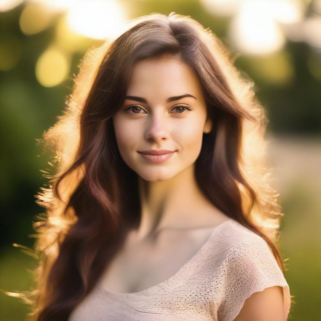 A portrait of a pretty 25-year-old brunette woman in soft light, with backlighting from the setting sun on a summer evening