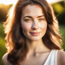 A portrait of a pretty 25-year-old brunette woman in soft light, with backlighting from the setting sun on a summer evening