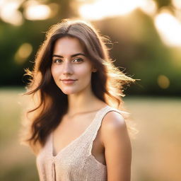 A portrait of a pretty 25-year-old brunette woman in soft light, with backlighting from the setting sun on a summer evening