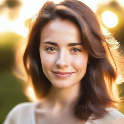 A portrait of a pretty 25-year-old brunette woman in soft light, with backlighting from the setting sun on a summer evening