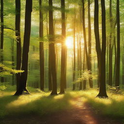 A vertical wallpaper depicting a serene forest during a sunny evening in summer