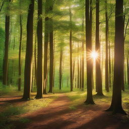 A vertical wallpaper depicting a serene forest during a sunny evening in summer