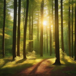 A vertical wallpaper depicting a serene forest during a sunny evening in summer