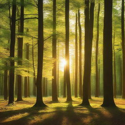 A vertical wallpaper depicting a serene forest during a sunny evening in summer