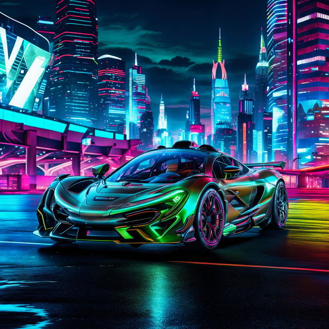 McLaren vehicles in a Cyberpunk universe, featuring sleek designs with neon accents and advanced technology, racing through a neon-lit metropolis