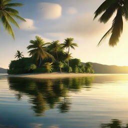 A vertical wallpaper depicting a photorealistic tranquil island during a sunny evening in summer