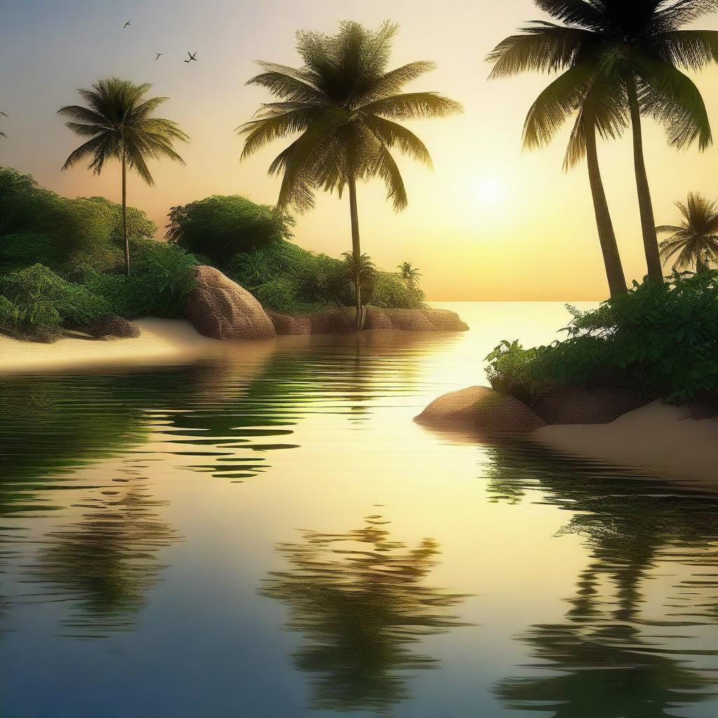 A vertical wallpaper depicting a photorealistic tranquil island during a sunny evening in summer