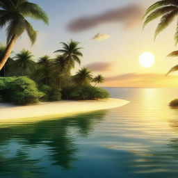 A vertical wallpaper depicting a photorealistic tranquil island during a sunny evening in summer