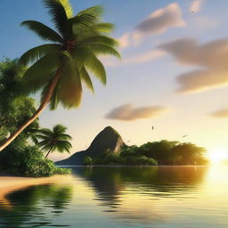 A vertical wallpaper depicting a photorealistic tranquil island during a sunny evening in summer