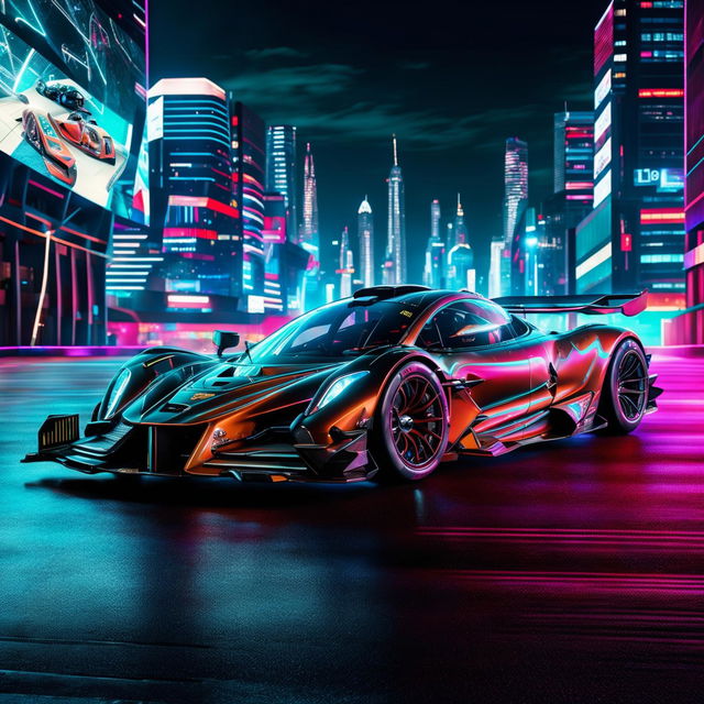 McLaren cars in an Electropunk universe, transformed into high-tech electric machines with neon accents and transparent panels, racing through a neon-lit, futuristic cityscape