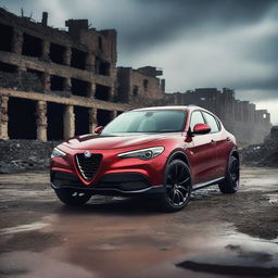 A detailed image of an Alfa Romeo Stelvio in a post-apocalyptic setting