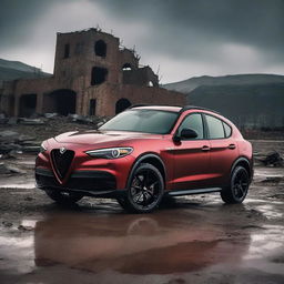 A detailed image of an Alfa Romeo Stelvio in a post-apocalyptic setting