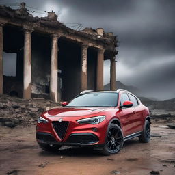 A detailed image of an Alfa Romeo Stelvio in a post-apocalyptic setting