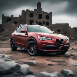 A detailed image of an Alfa Romeo Stelvio in a post-apocalyptic setting