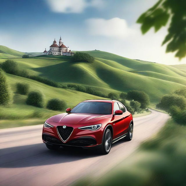 A photorealistic image of an Alfa Romeo Stelvio driving through the picturesque landscapes of Moldova