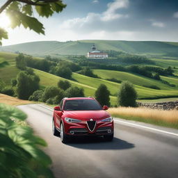 A photorealistic image of an Alfa Romeo Stelvio driving through the picturesque landscapes of Moldova