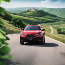 A photorealistic image of an Alfa Romeo Stelvio driving through the picturesque landscapes of Moldova