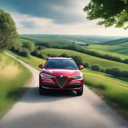 A photorealistic image of an Alfa Romeo Stelvio driving through the picturesque landscapes of Moldova