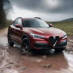 A detailed image of an Alfa Romeo Stelvio navigating through a muddy terrain