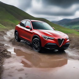 A detailed image of an Alfa Romeo Stelvio navigating through a muddy terrain